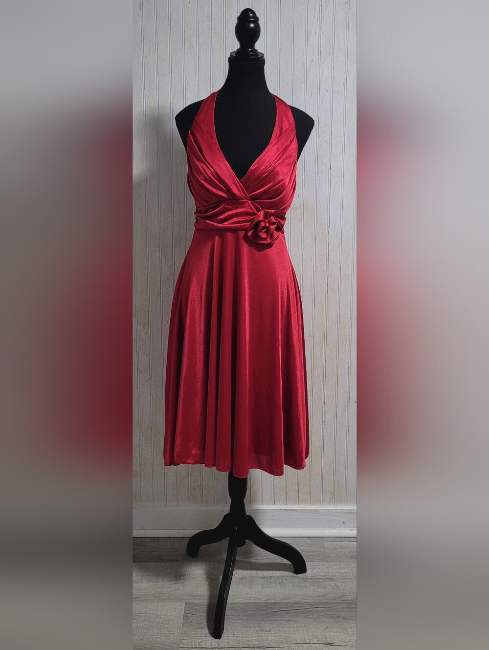 Vintage Y2K New Bell Red Satin Rosette Halter Mini Dress Size Small EUC